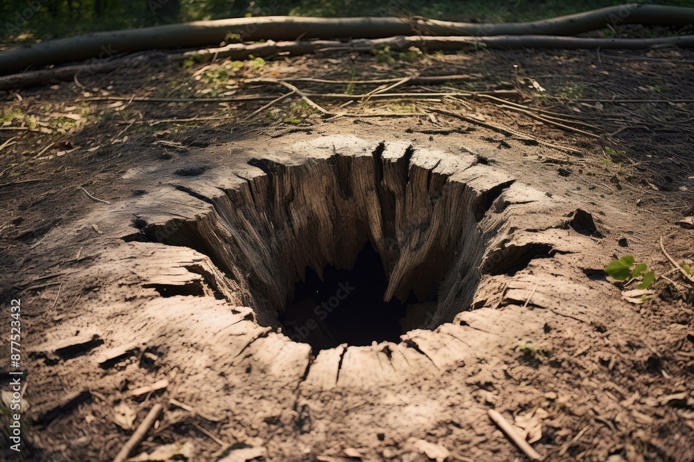 Aufkleber captivating view of a hollow ancient tree stump in a serene forest setting at dusk