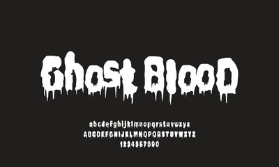 Halloween font. Horror alphabet letters written blood, scary bleed font or evil night wet bloody autumn wet paint text, calligraphy isolated vector symbols illustration