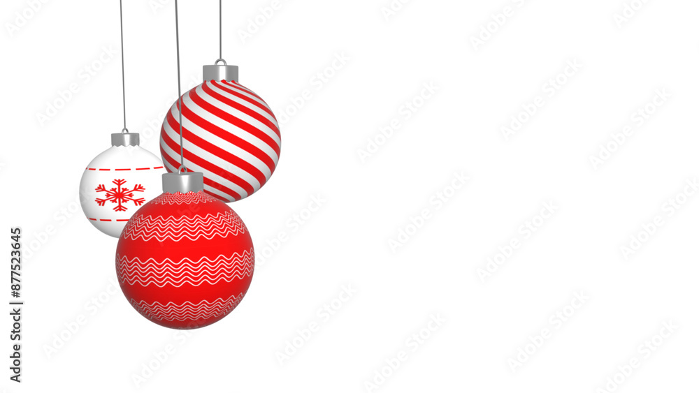 Poster red and white 3d christmas baubles swing on a string with xmas patterns copy space illustration back