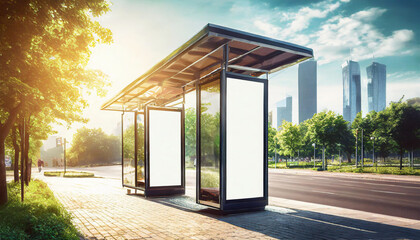 White bus stop billboard poster in a station with cars in moving in the background, Front view, mockup concept blank poster, city traffic