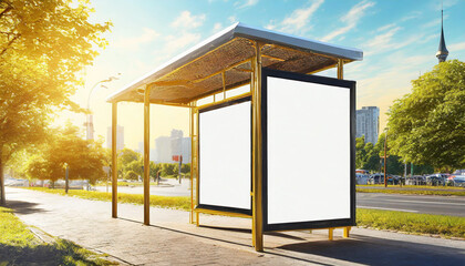 White bus stop billboard poster in a station with cars in moving in the background, Front view, mockup concept blank poster, city traffic