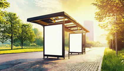 White bus stop billboard poster in a station with cars in moving in the background, Front view, mockup concept blank poster, city traffic