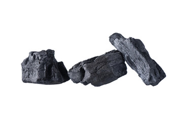 Natural organic wooden charcoal pieces isolated on transparent background. Black charcoal for...