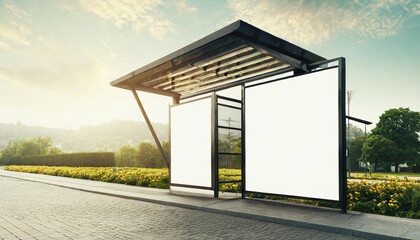 White bus stop billboard poster in a station with cars in moving in the background, Front view, mockup concept blank poster, city traffic