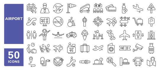 Set of 50 line icons related to airport, plane, baggage, ticket, transport, terminal, boarding pass, traveler, Editable stroke. Vector illustration