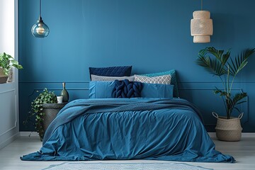 Stylish bedroom interior in trendy blue.