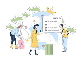 Travel vloggers concept. Man with backpack and women with suitcases film on camera. Creating content for video hosting and social networks. Linear vector illustration isolated on white background