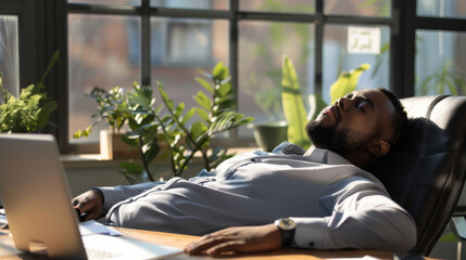 A man in a formal shirt leans back in his office chair, eyes closed, enjoying a peaceful nap amidst a backdrop of greenery and light.