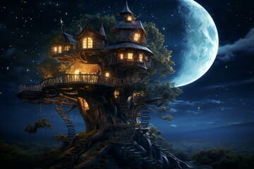 Whimsical and dreamy scene featuring an enchanted treehouse glowing under the mystical moonlight in a fantastical and magical nighttime woodland setting