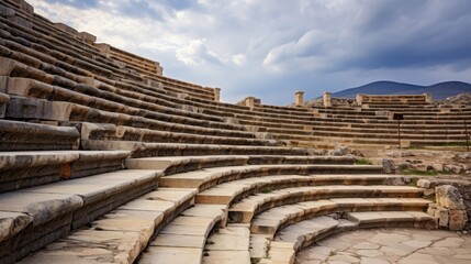 A set of stone steps ascends to an ancient amphitheater, a striking monument of ancient history at an archaeological site. The sky hovers above the historic building made of brick