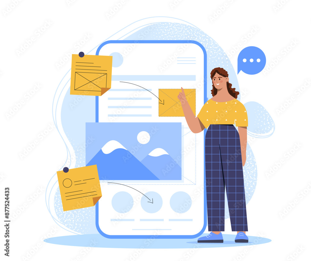 Poster woman with ui and ux design. young girl near smartphone screen develops application and program. gra