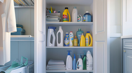 A clean storage rack inside a closet reveals an assortment of cleaning products, arranged efficiently to maintain an orderly and spotless home.