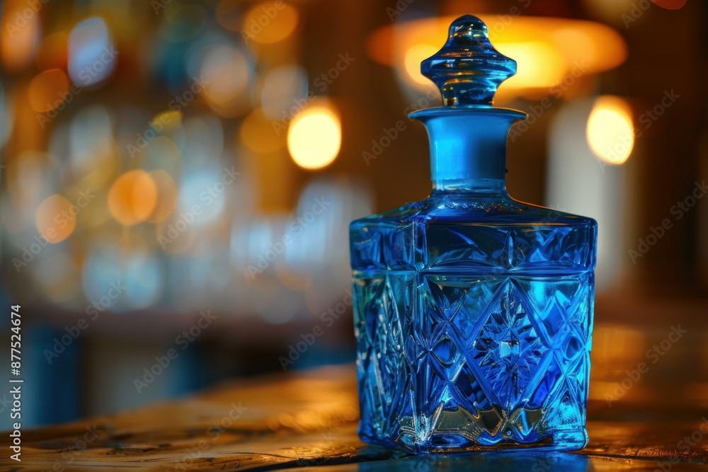 Poster elegant blue crystal decanter standing on a bar counter with a warm bokeh background
