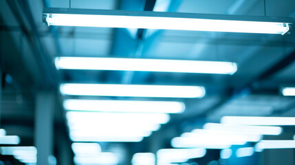 A series of bright fluorescent lights illuminate an industrial interior, creating a modern and high-tech ambiance.
