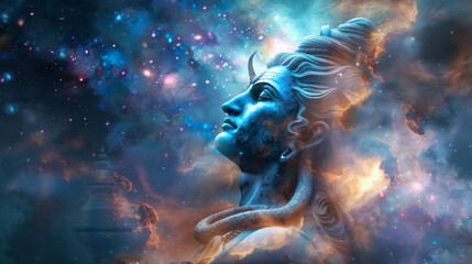 The serene, ethereal image of a cosmic deity in vibrant blue hues surrounded by swirling, mystical nebulae and stars.