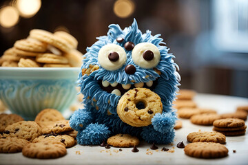 A blue cookie monster character gleefully devours a cookie, surrounded by an array of cookies. This whimsical image captures themes of indulgence, playfulness, and childhood delight.