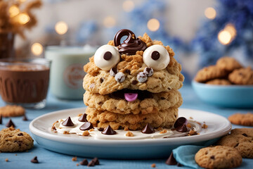 A stack of cookies forms a playful monster with chocolate eyes and a whimsical expression. Creativity and fun in baking, themes of culinary imagination, childhood joy, and festive delight.