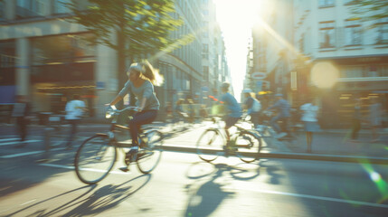 Cyclists ride through a bustling city street, bathed in golden sunlight, capturing the essence of urban life and motion.
