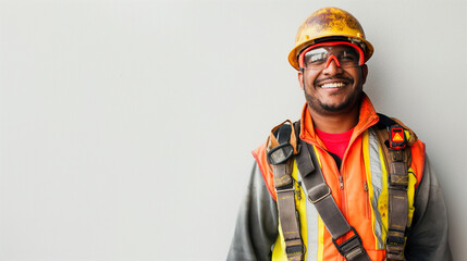 Fototapeta premium A telephoto angle photo of a construction worker in full safety gear, smiling confidently against a white wall, promoting the importance of safety and health in the workplace, envi