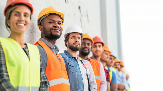 A telephoto angle photo of a group of diverse construction workers in hard hats and vests, standing proudly against a white wall, symbolizing teamwork and a healthy work environmen