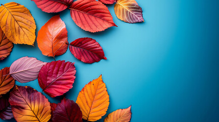 Fototapeta premium Assorted autumn leaves placed on a blue background
