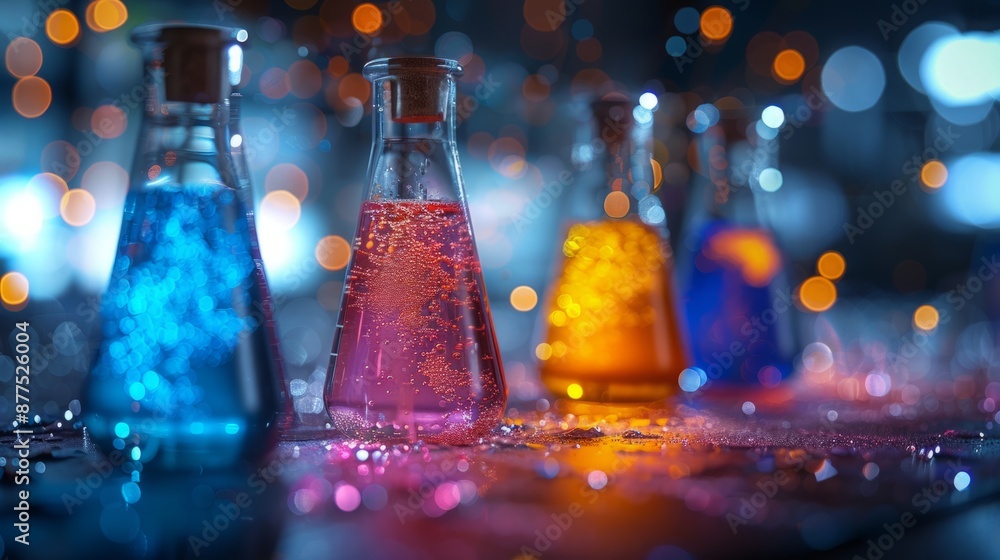 Poster four erlenmeyer flasks filled with colorful liquids are arranged on a tabletop. the background is ou