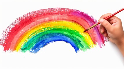 Fototapeta premium Child s hand paints colorful rainbow on canvas, watercolor art on white background