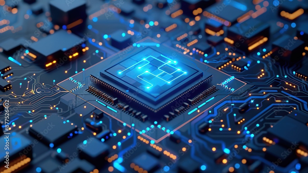 Poster glowing microchip on circuit board with blue and orange lights