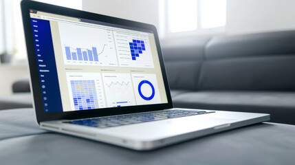 A modern laptop displaying various analytics graphs and data on a sleek table in a warmly lit room.