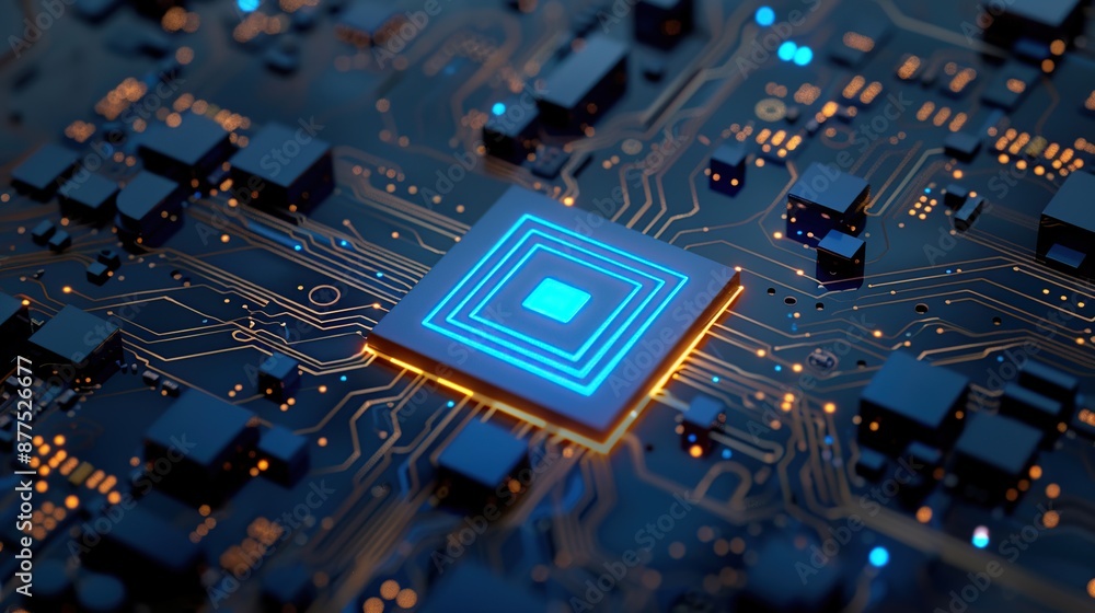Poster glowing microchip on a circuit board with blue and orange light