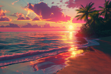 A beautiful sunset over the ocean with a palm tree in the background