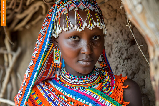 A pretty Maasai woman in brightly colored beads and cowrie shell adornments.


