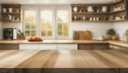 Wooden table on blurred kitchen bench background. Empty wooden table and blurred kitchen background