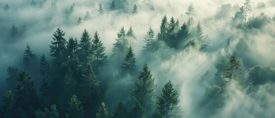 misty forest aerial photograph with pine trees: foggy, atmospheric nature background