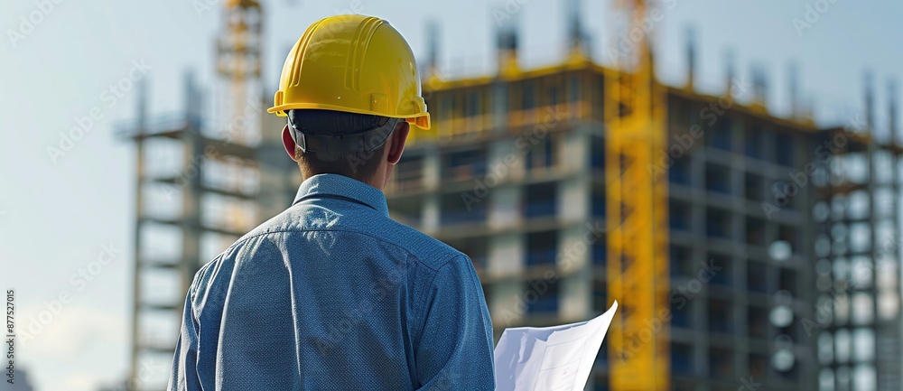 Poster Construction worker in hardhat reviewing blueprints at building site