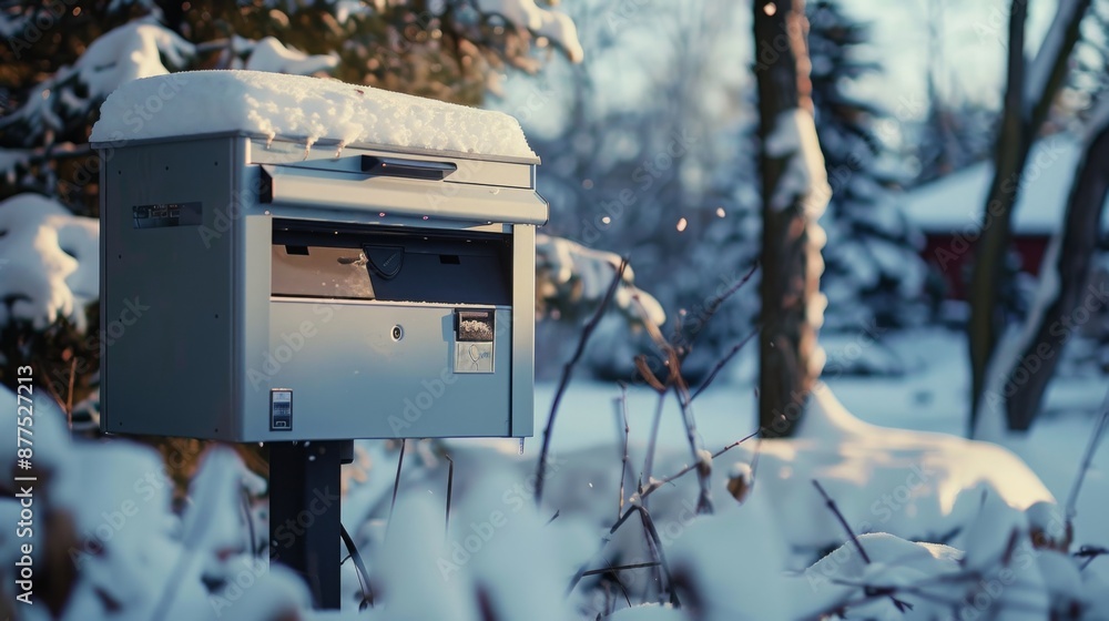 Poster a silver mailbox covered in snow sits in a snowy yard with bare branches and trees in the background