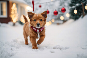 A cute puppy walking outdoors on the snow, with Christmas decorations in the background. Pets and Christmas.