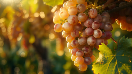 Golden sunlight over a vineyard filled with plump, ripe grapes, capturing the essence of summer. Ai generated
