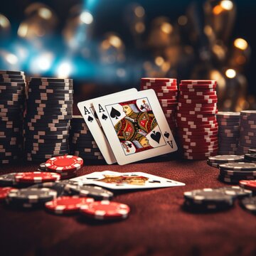 A poker set with a pile of chips and playing cards on a rectangular table. The colors of magenta and electric blue contrast against the darkness, creating an entertaining event display