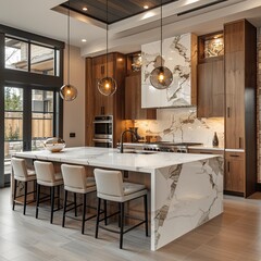 Beautiful kitchen in luxury modern contemporary home interior with island and chairs.