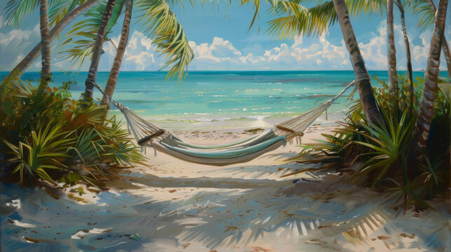 A painting of a beach with a hammock hanging between two palm trees