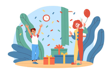 Clown at holiday with kid. Man in bright suit with red nose gives boy red ball. Vacation and festival. Entertainment, fun and leisure. Cartoon vector illustration isolated on white background