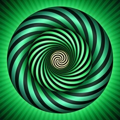 Obraz premium The image depicts a black and green hypnotic spiral set against a green backdrop. The spiral is tightly wound and features a smooth, continuous line. 