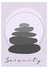 Poster with stones in balance. Neutral pastel purple poster in vertical A4 format. Interior minimalist poster in flat style. Isolated on white background. Zen and tranquility cover for printing.