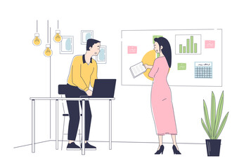 Coworker showing document. Man and woman with graphs and diagrams. Collaboration and cooperation, teamwork. Colleagues and partners discussing deal or agreement. Linear vector illustration