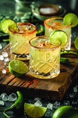 alapenolime cocktail in crystal glasses garnished with lime and chili powder dusted around the rim of each glass