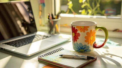 Bright and airy workspace featuring a colorful coffee mug