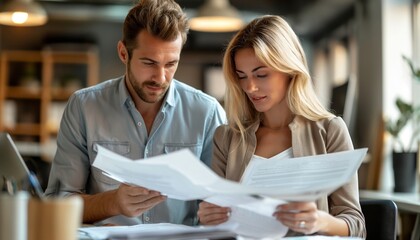 Fototapeta premium A man and a woman, immersed in their work, are closely reviewing documents together in a modern office setting, creating a focused and professional atmosphere.