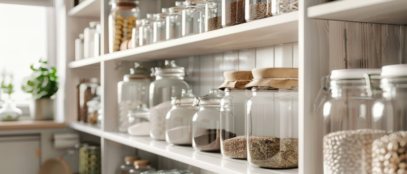 Neatly organized shelves in a kitchen pantry displaying various jars filled with grains, pulses, and condiments, evoking a sense of tidiness and homeliness.