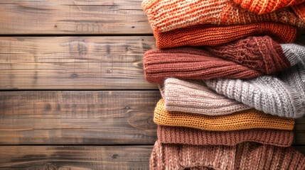 Neatly folded cozy sweaters in warm autumn colors arranged on rustic wooden background, showcasing variety of knit patterns perfect for fall and winter seasons.